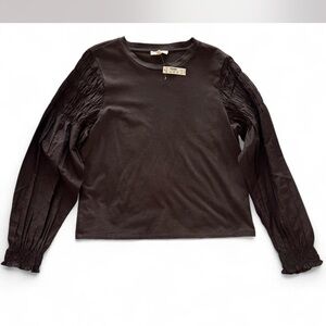 Brown Long Sleeve Top with Ruched Sleeves